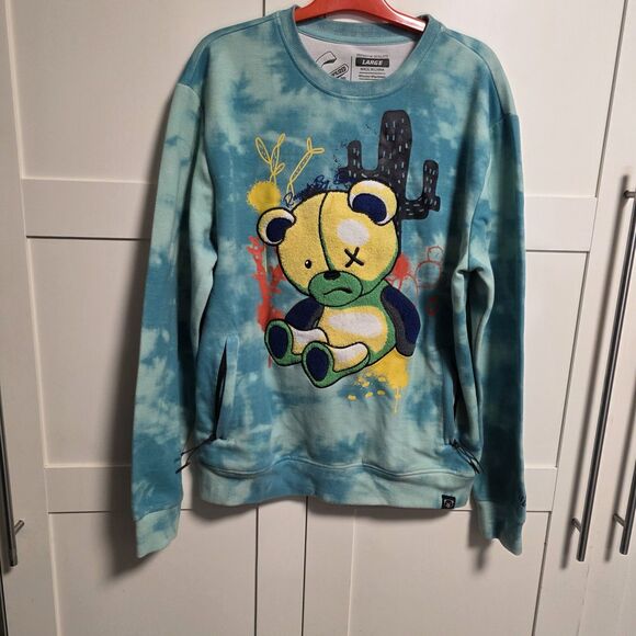Civilized Embroidered Terry Teddy Bear Graphic Sweatshirt Large Tie Dye Teal Blu - Picture 1 of 11